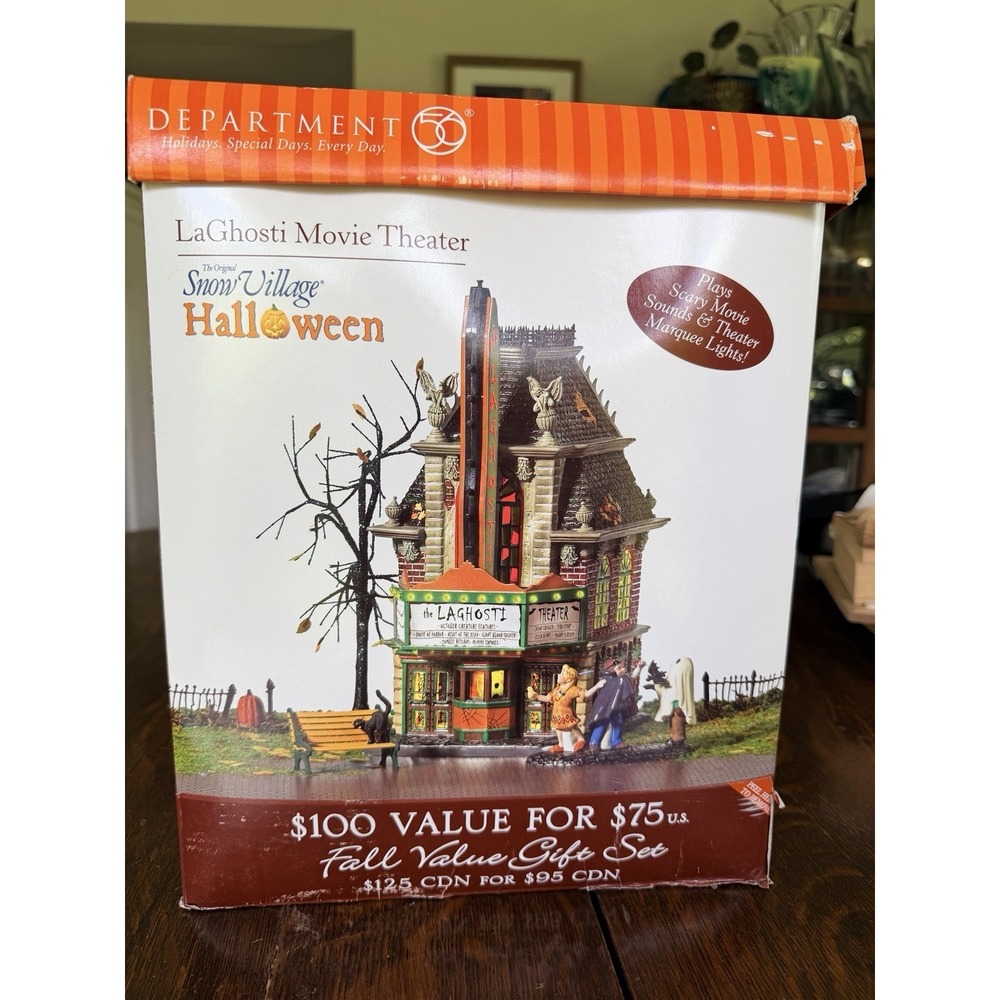 Department 56 Halloween Snow Village LaGhosti Movie Theater Lights & Sound Work!